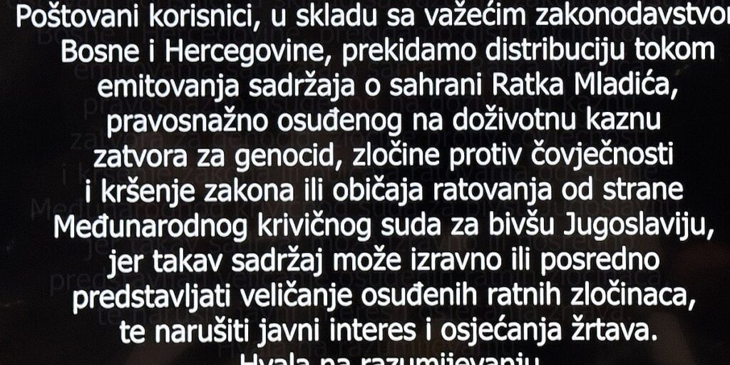 BH Telecom ukinuo signal RTRS-a zbog sahrane ratnog zločinca Ratka Mladića, uputili poruku korisnicima