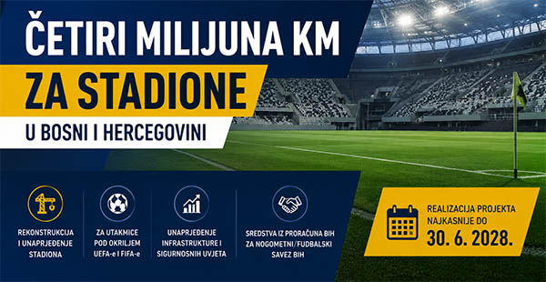 Četiri miliona KM za stadione u Bosni i Hercegovini Četiri miliona KM za stadione u Bosni i Hercegovini